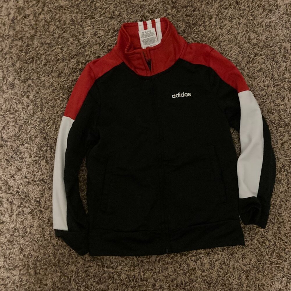 Adidas Windbreaker Jacket 4/4T Red Black and White Full Zip Polyester Pockets